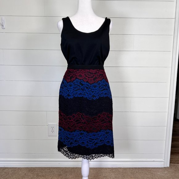 Karl Lagerfeld Blue, Black & Maroon Lace Midi Pencil Skirt Size 8 - Picture 2 of 9